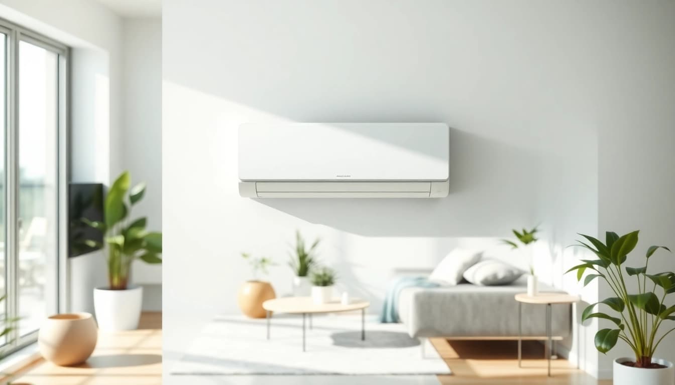 Modern mini split ac mounted in a stylish living room, illustrating comfort and efficiency.