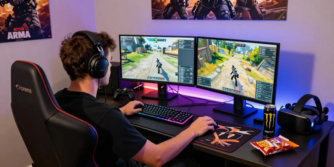 ArmA 3 Cheat gaming setup with immersive gameplay environment, featuring dual monitors and tactical mission elements.