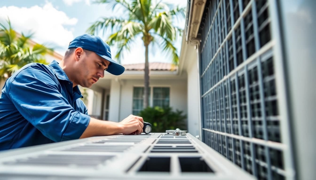 Professional HVAC technician performing AC Repair Tampa demonstrated in a bright suburban setting.