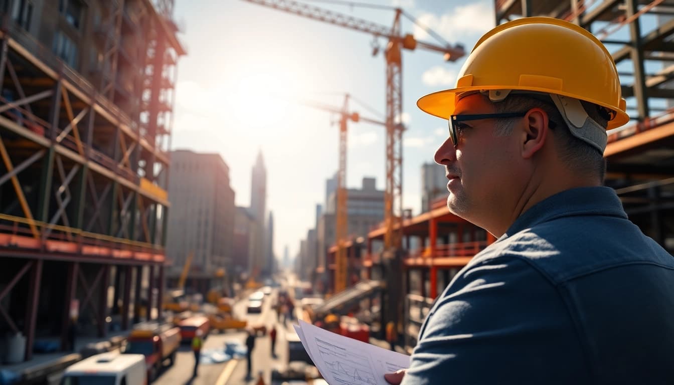 New York City Construction Manager managing a busy site with cranes and workers actively collaborating.
