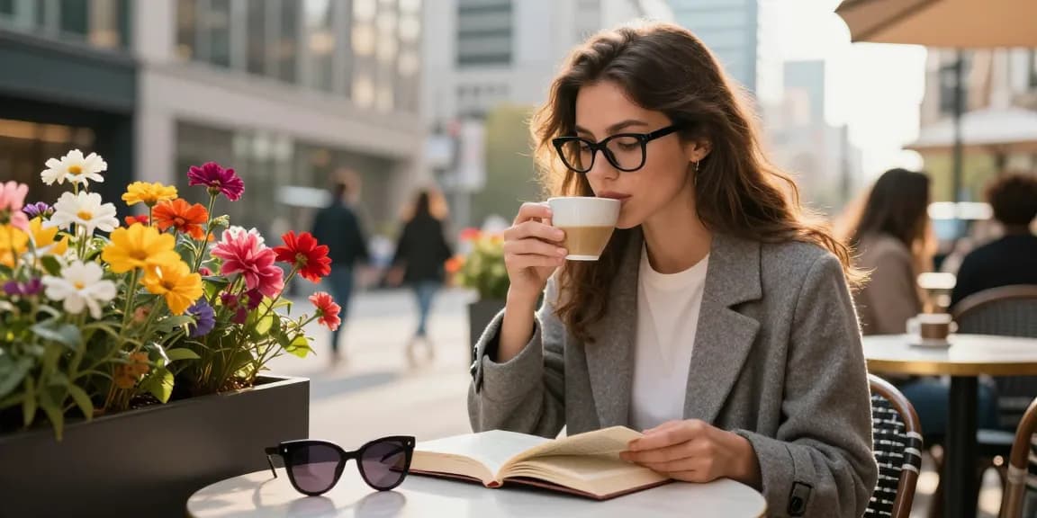 Chic young woman with óculos de grau feminino enjoying coffee in an urban café.