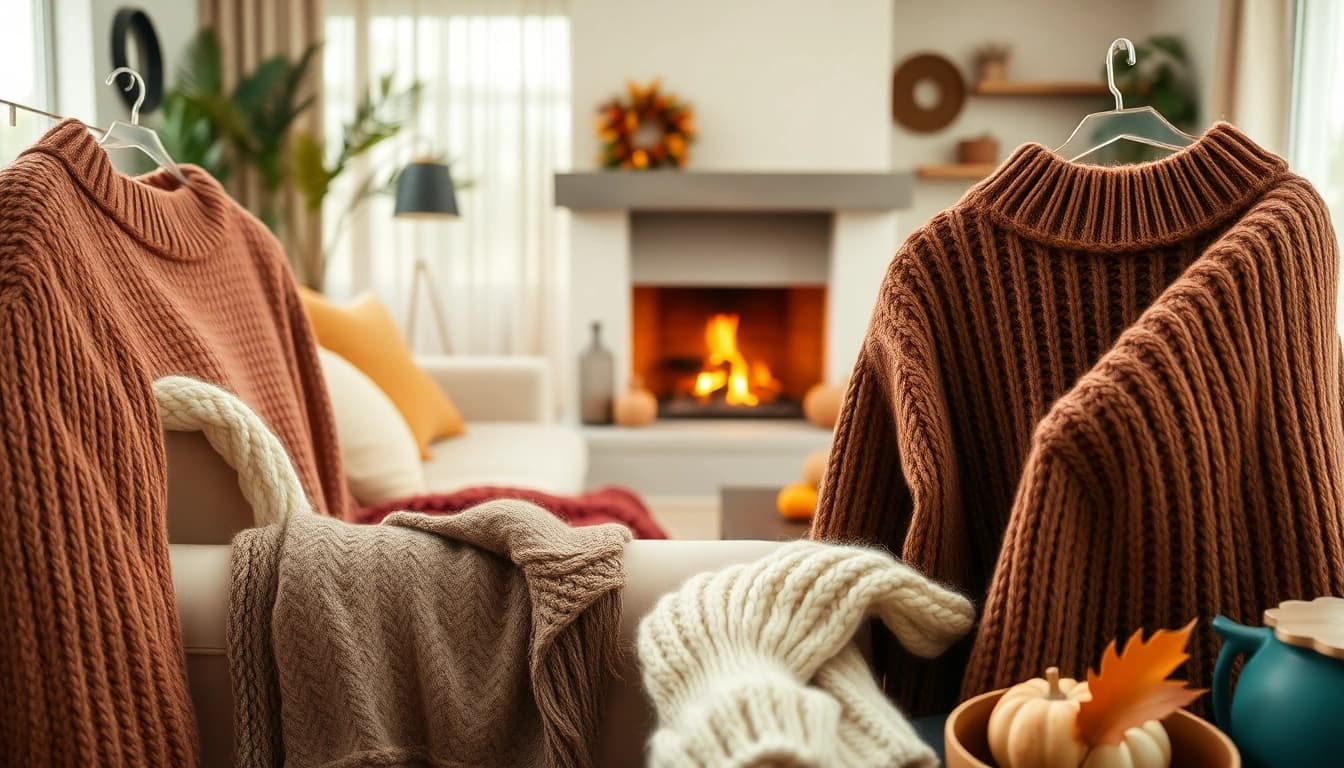 Showcasing stylish sweaters in a cozy living room setting, inviting warmth and comfort.
