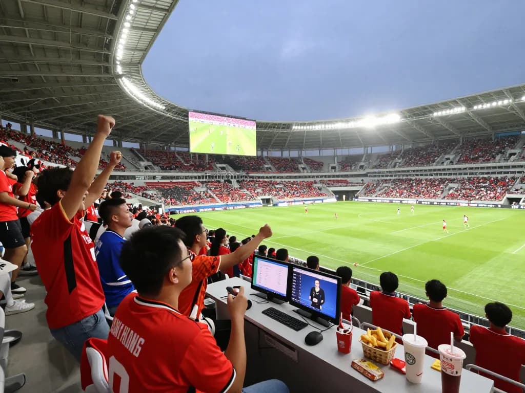 Live football match atmosphere on LuongSonTV with cheering fans and vibrant stadium lights.