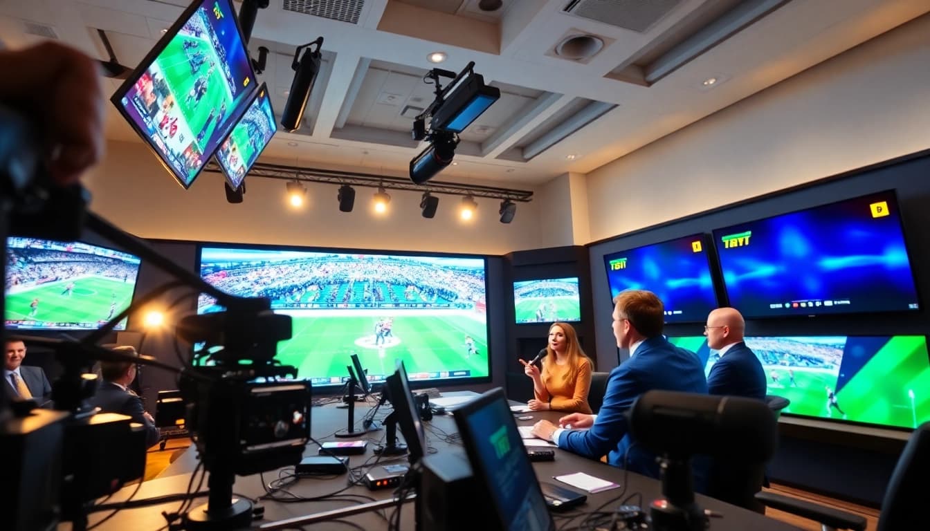Dynamic sports broadcasting studio featuring hosts and live game screens.