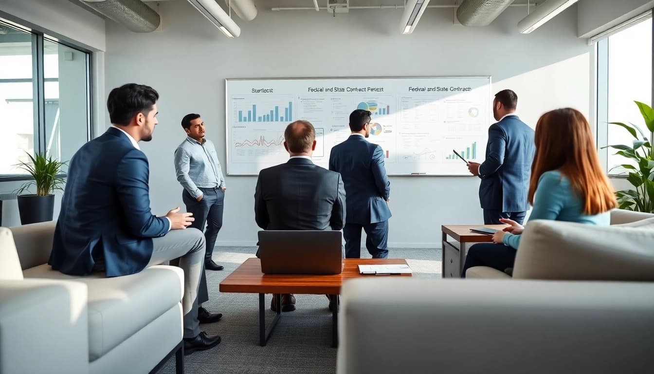 Consultants collaborate on Federal and State contracts in a modern office environment.