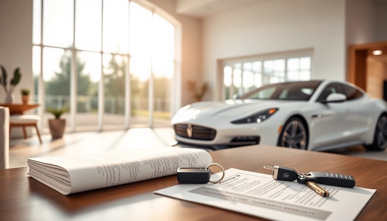 Visualize warranty protection for cars and homes with a serene living room and a stylish car, evoking safety.