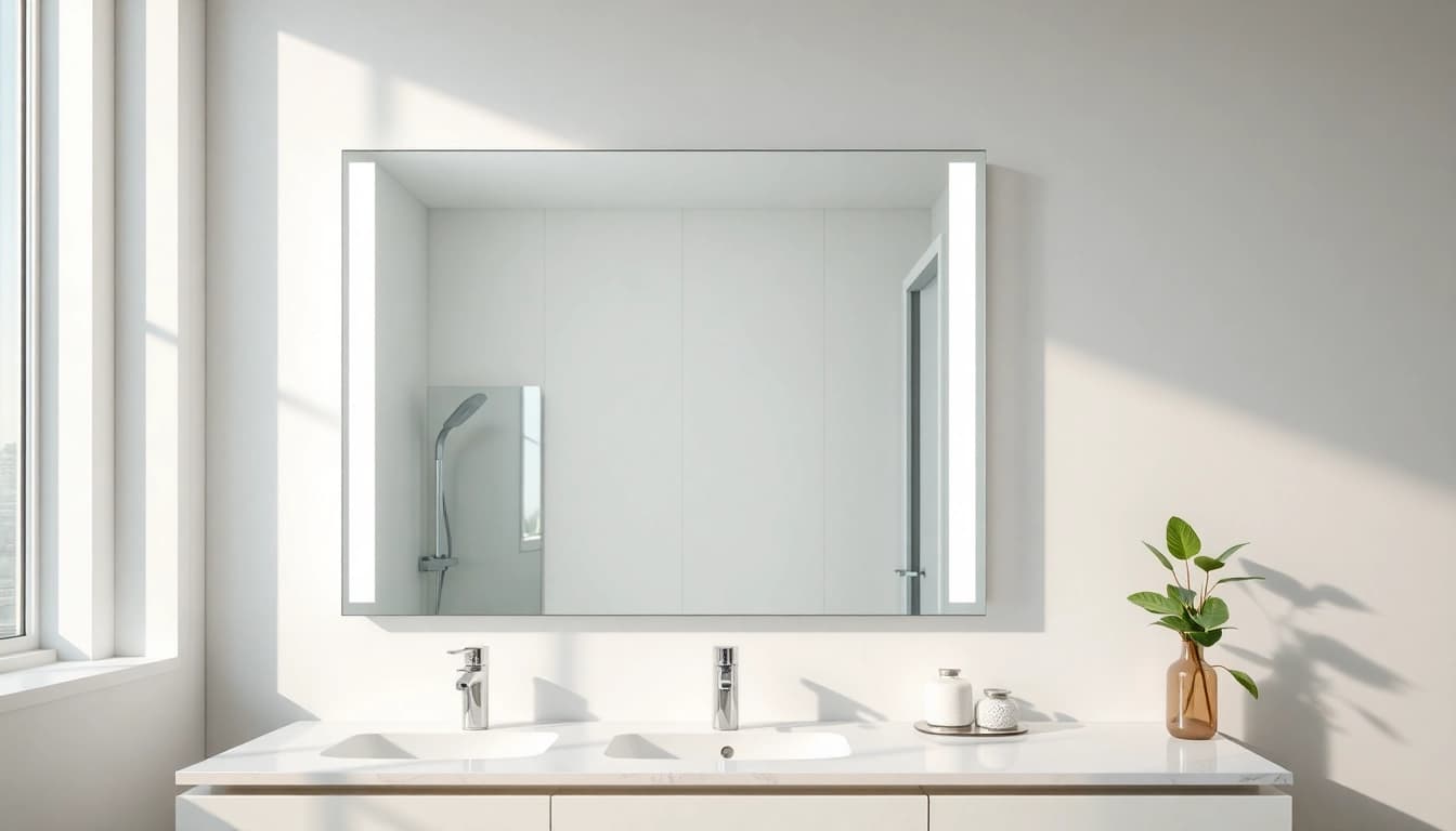 Enhance your bathroom with a stunning mirror and led lights creating a luxurious atmosphere.