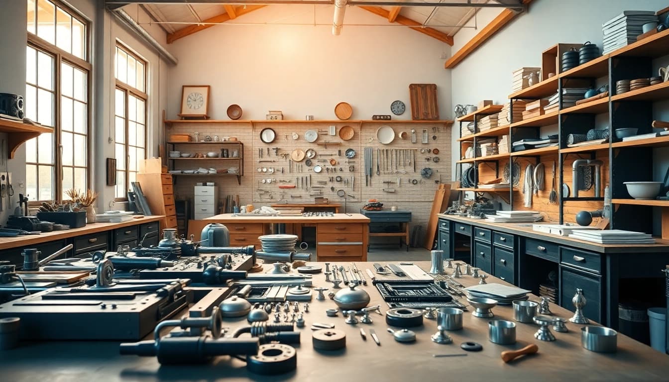 Furniture hardware supplier displaying innovative designs and materials in a vibrant workshop environment.