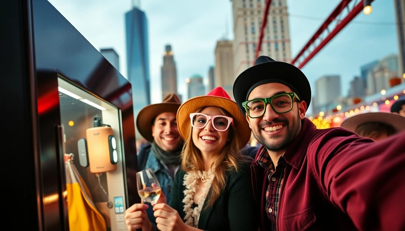 Capture the joy of photo booth rental chicago with guests enjoying fun props and a stylish backdrop.