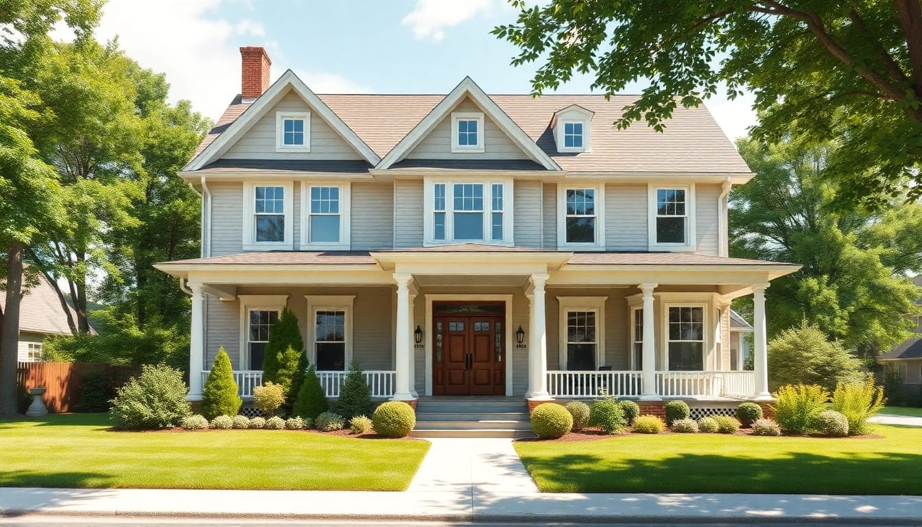 Visual representation of a stunning Winchester Foursquare Revival home surrounded by greenery.