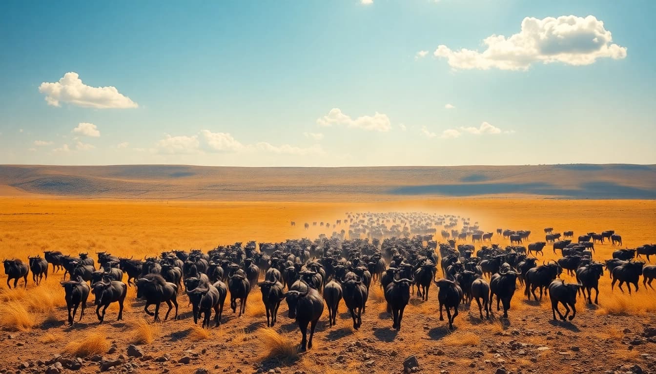 Witness a vibrant wildebeest migration safari showcasing a herd on the Serengeti plains.