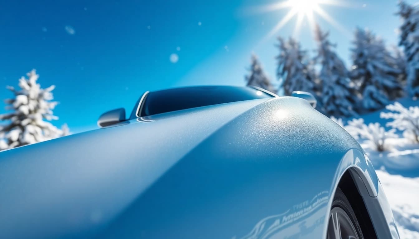 Showcase PPF winter road salt protection on a car in a snowy landscape, emphasizing durability.