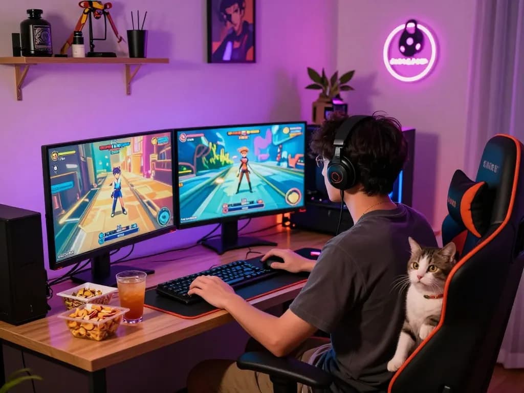 Engaging player enjoying a hentai game surrounded by gaming setup and snacks.