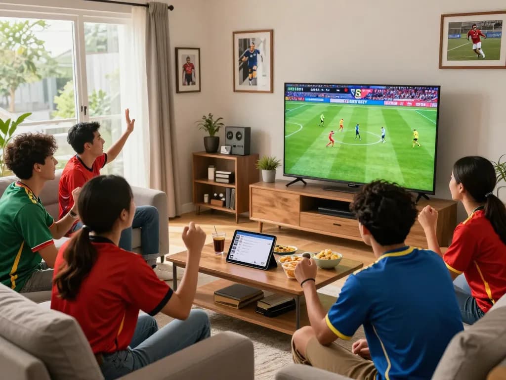 Cà Khịa TV live football match viewing atmosphere in a lively living room.