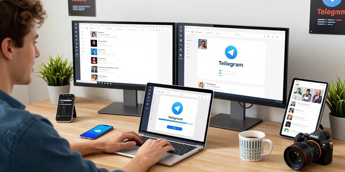 Seamless Telegram download on a laptop in a modern tech workspace.