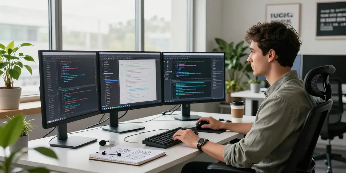 A software developer working in a modern office, showcasing the WPS Official Website on multiple screens, highlighted by natural light and greenery.