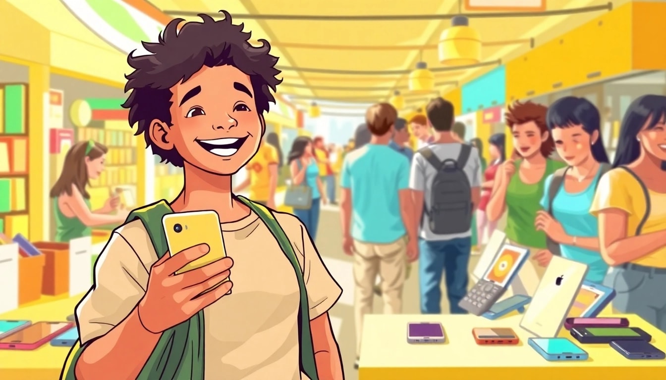 Sell Your Old Phone enthusiastically in a vibrant marketplace setting.