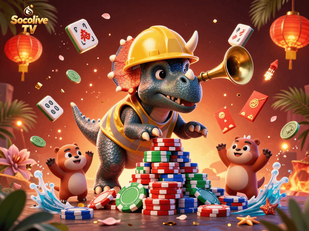 Celebrate gaming victories with Socolive TV's vibrant 3D casino illustration featuring fun characters.