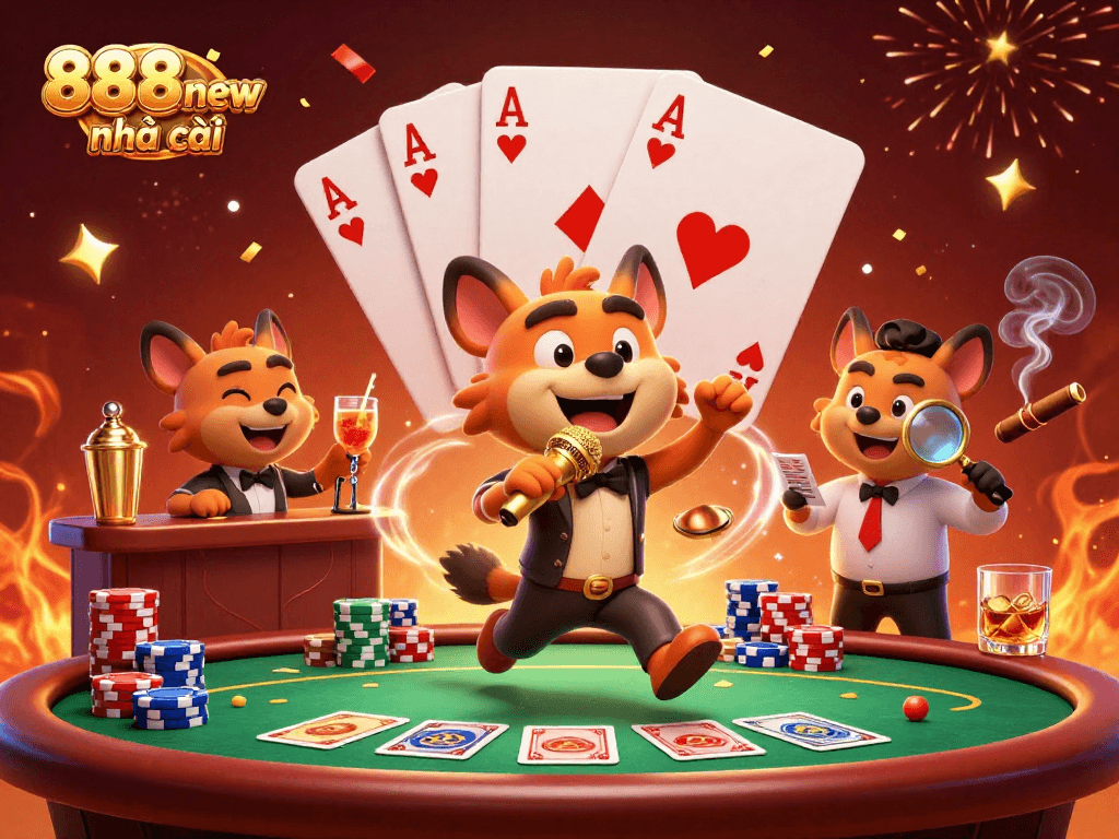 Engage with 888new nhà cái in a vibrant casino scene featuring hyenas in a comedy club setting, showcasing dynamic gambling excitement.