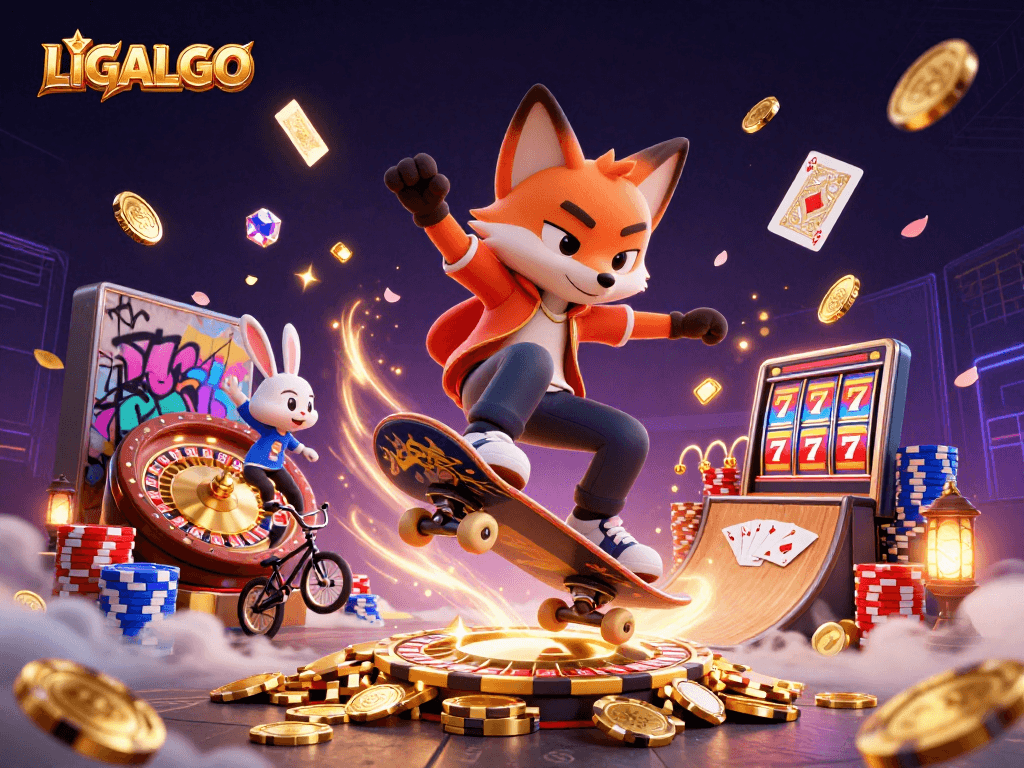 LIGALGO offers an exciting gaming experience with a vibrant scene of animated characters and casino elements.
