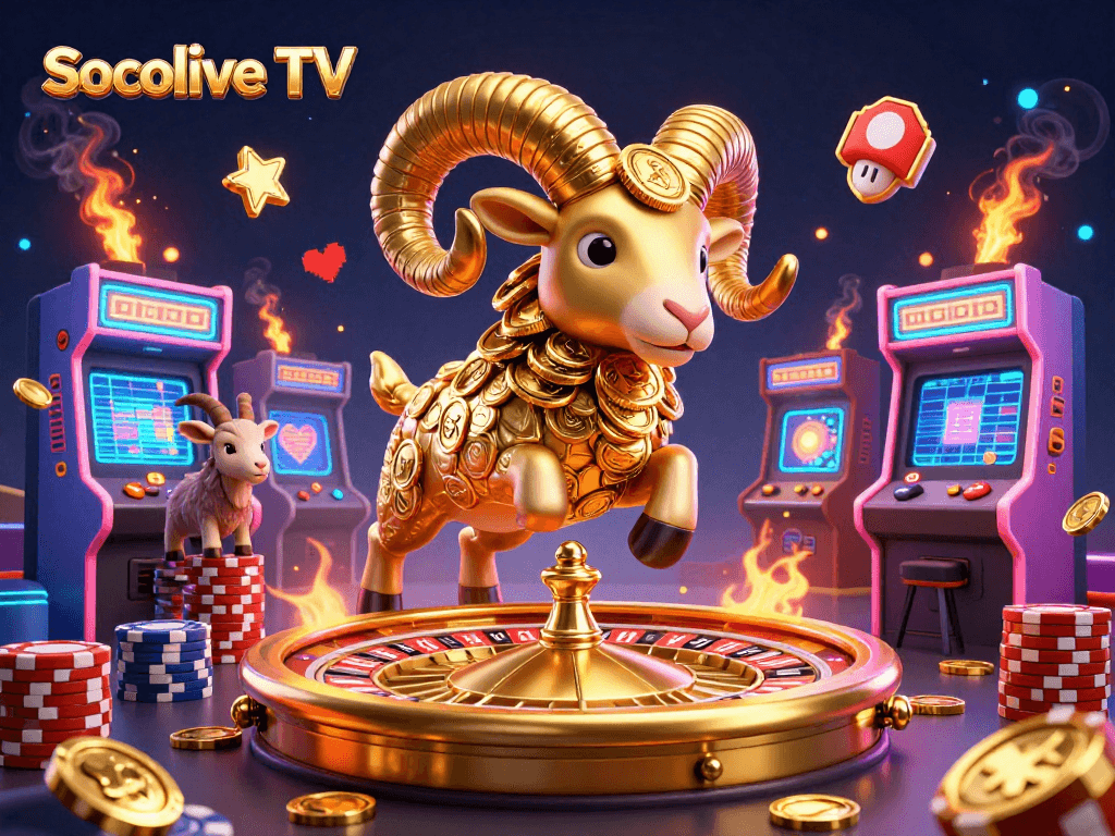 Engage with Socolive TV's exhilarating gaming experience featuring golden ram charging at roulette amidst vibrant arcade elements.
