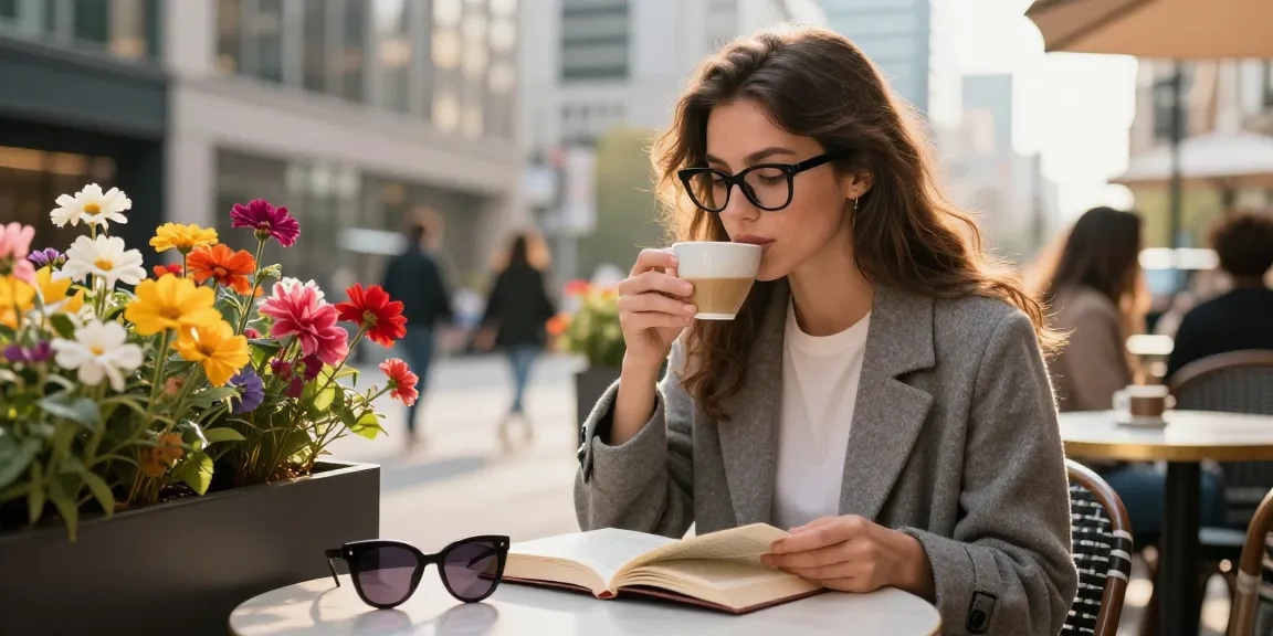 Chic young woman with óculos de grau feminino enjoying coffee in an urban café.