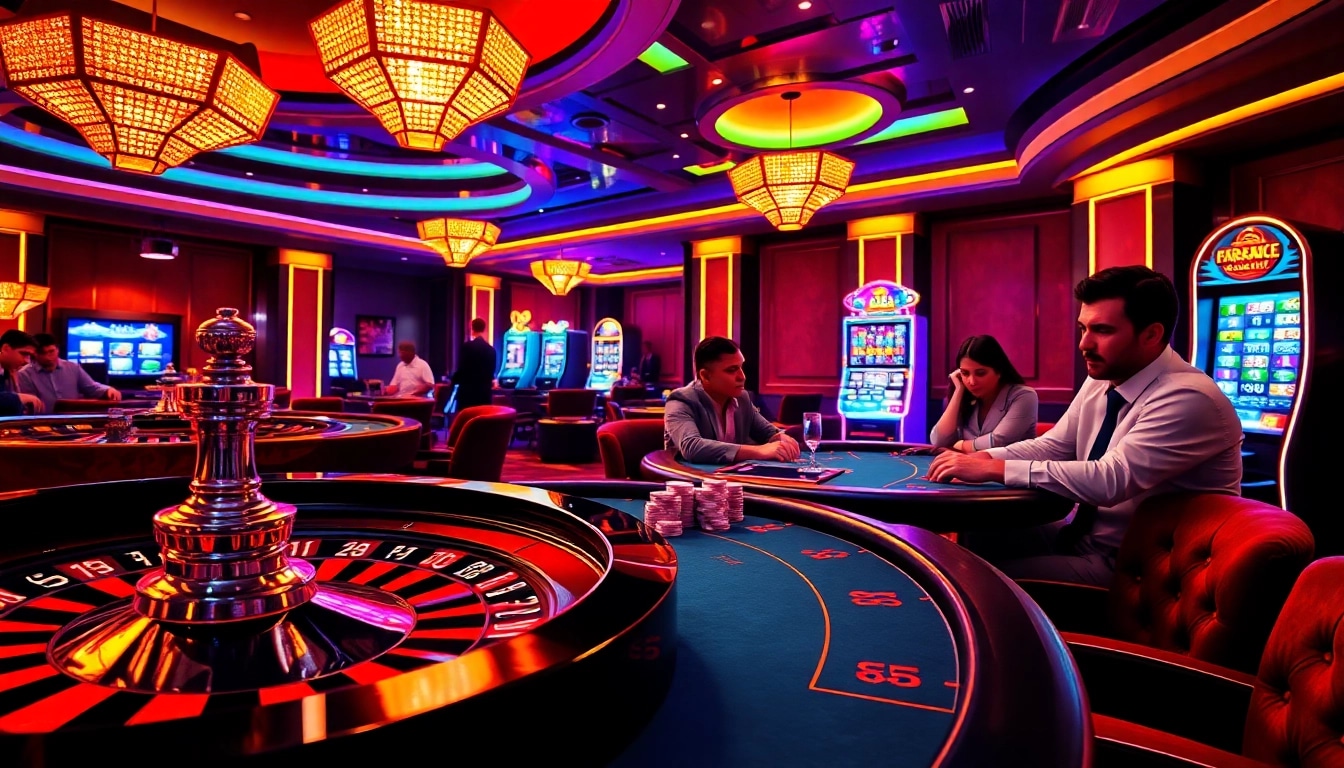 Xoilac Grand Casino ambiance featuring roulette and poker, enhancing gambling excitement.