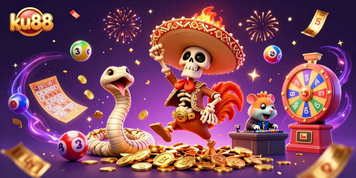 ku88 celebrates big wins with vibrant characters and colorful gambling elements in this lively scene.