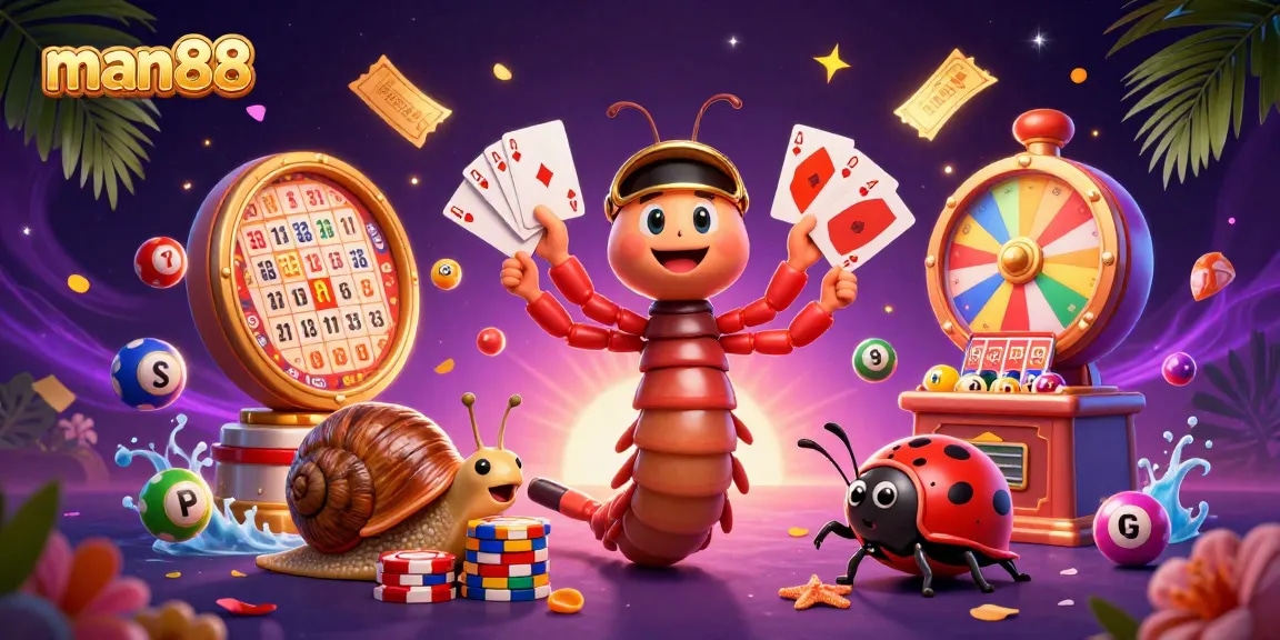 Join the excitement at man88 with a colorful 3D casino scene filled with vibrant lottery elements.