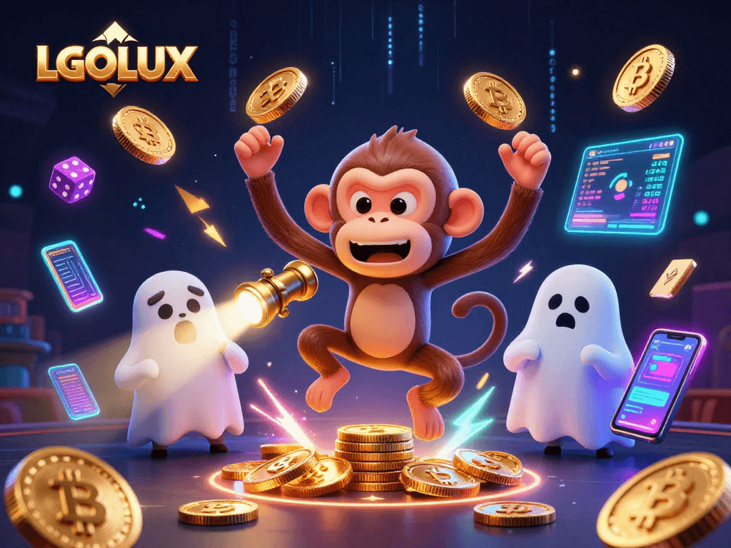 Experience thrilling gameplay at LGOLUX with a 3D poltergeist monkey and ghost-hunter puppy in a vibrant casino scene.