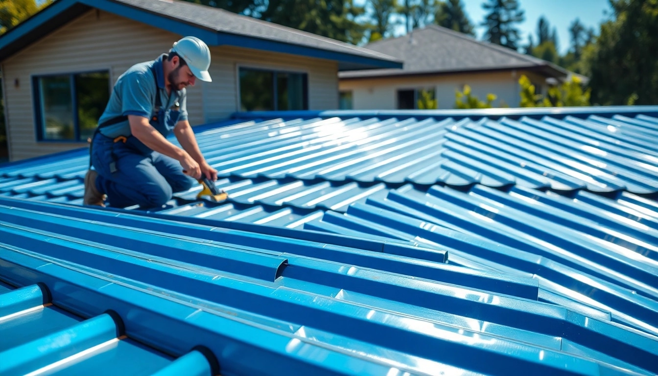 Contractor installing metal roofing on a modern home under bright sunlight.