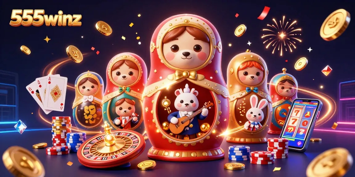 Experience the thrill of 555winz with a vibrant illustration of a Matryoshka bear casino scene, celebrating with cards and coins.