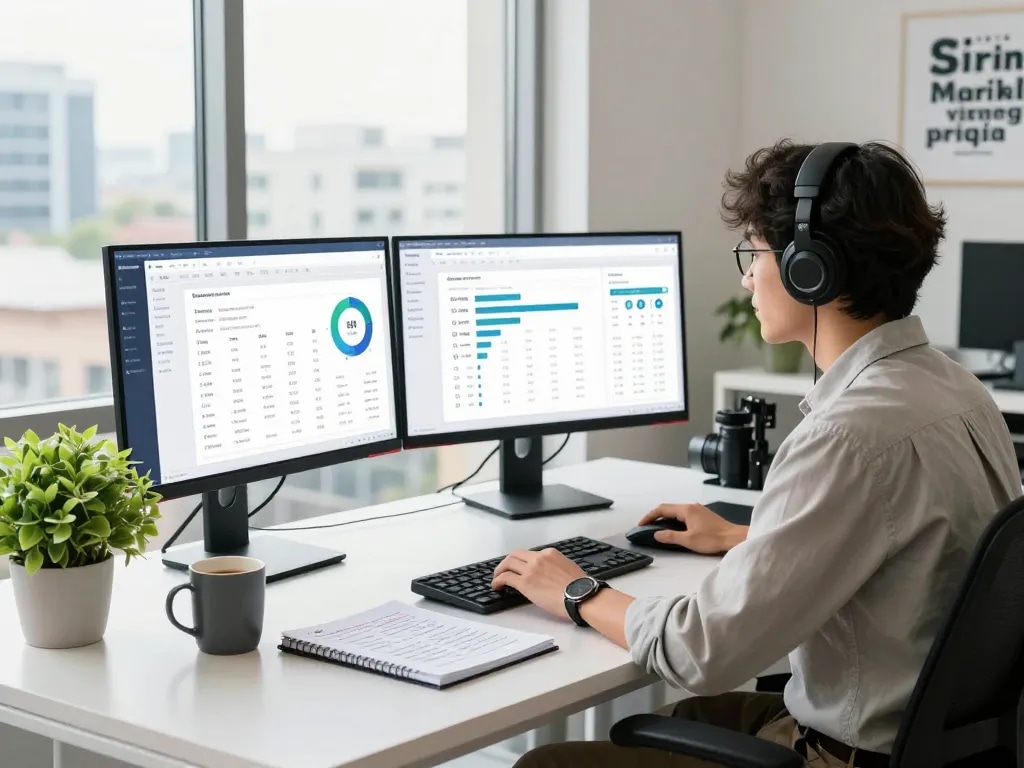 Professional workspace showcasing group buy SEO tools on multiple screens in a modern office.