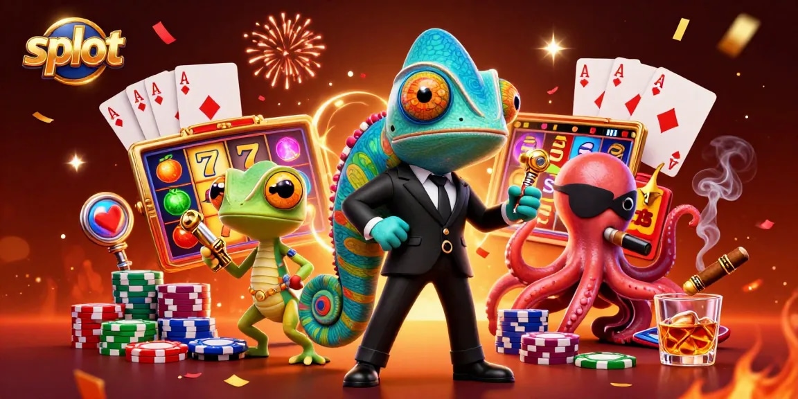 Spin and win at slot games featuring a colorful scene with cartoon characters and slot reels.