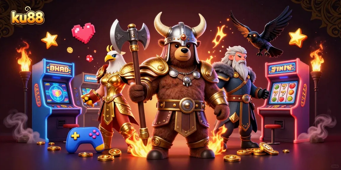 Engage in thrilling slots action at ku88 with Viking and eagle characters featuring casino elements.