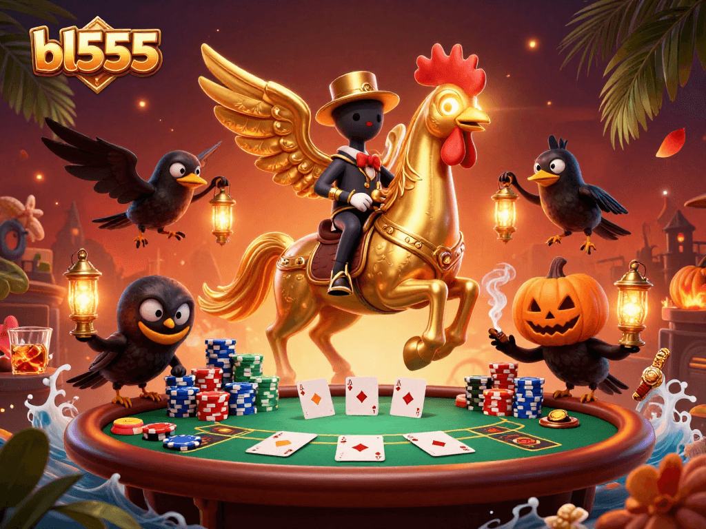 Join the gaming action at bl555 with a golden rooster and friends in this vibrant casino scene.