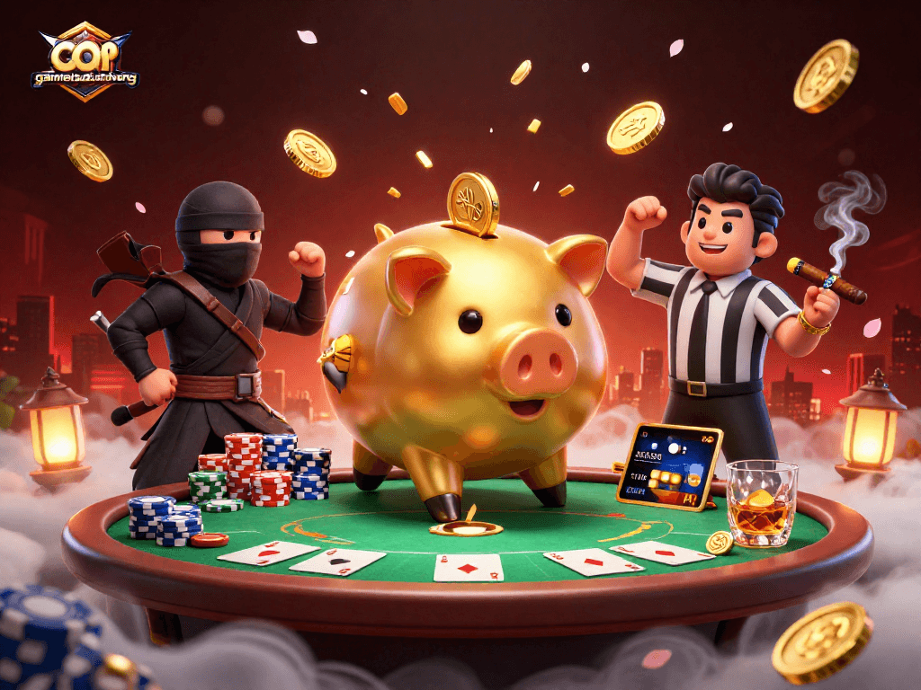 Engage in vibrant gameplay at gamebaidoithuong with an energetic casino scene featuring a golden piggy bank and poker elements.