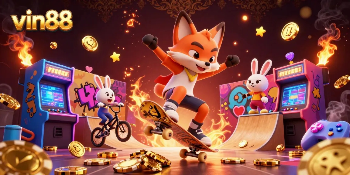 Experience the thrilling world of vin88 with vibrant casino graphics in a dynamic 3D illustration.