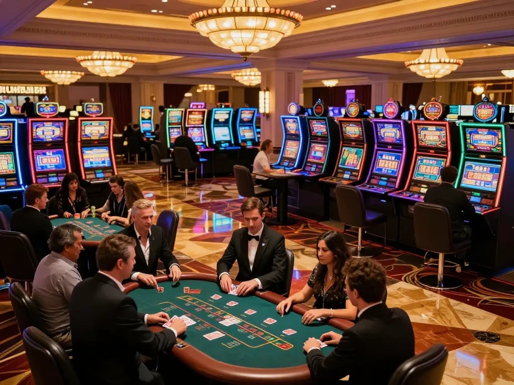 Players enjoying vibrant slot machines at tr88s casino, capturing the thrill of gaming action.