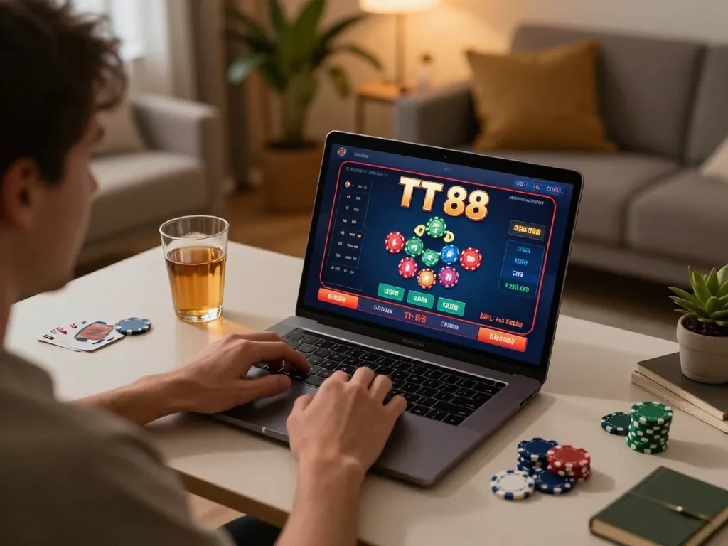 Person enjoying online casino gameplay on TT 88 platform at home, with warm lighting and poker chips.