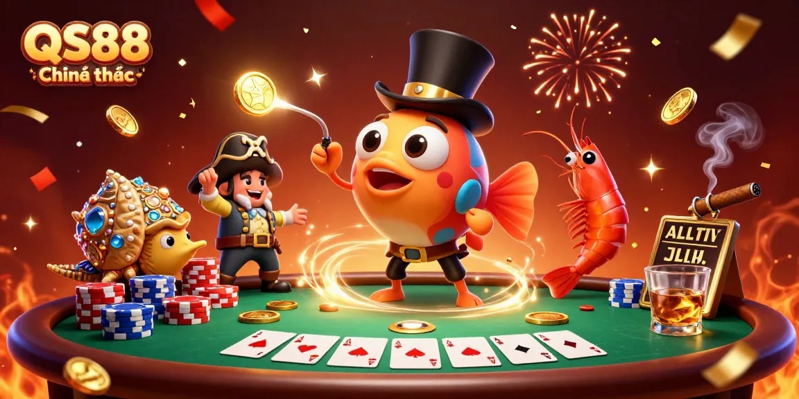QS88 Chính thức showcases an anglerfish attracting golden coins with engaging casino elements.