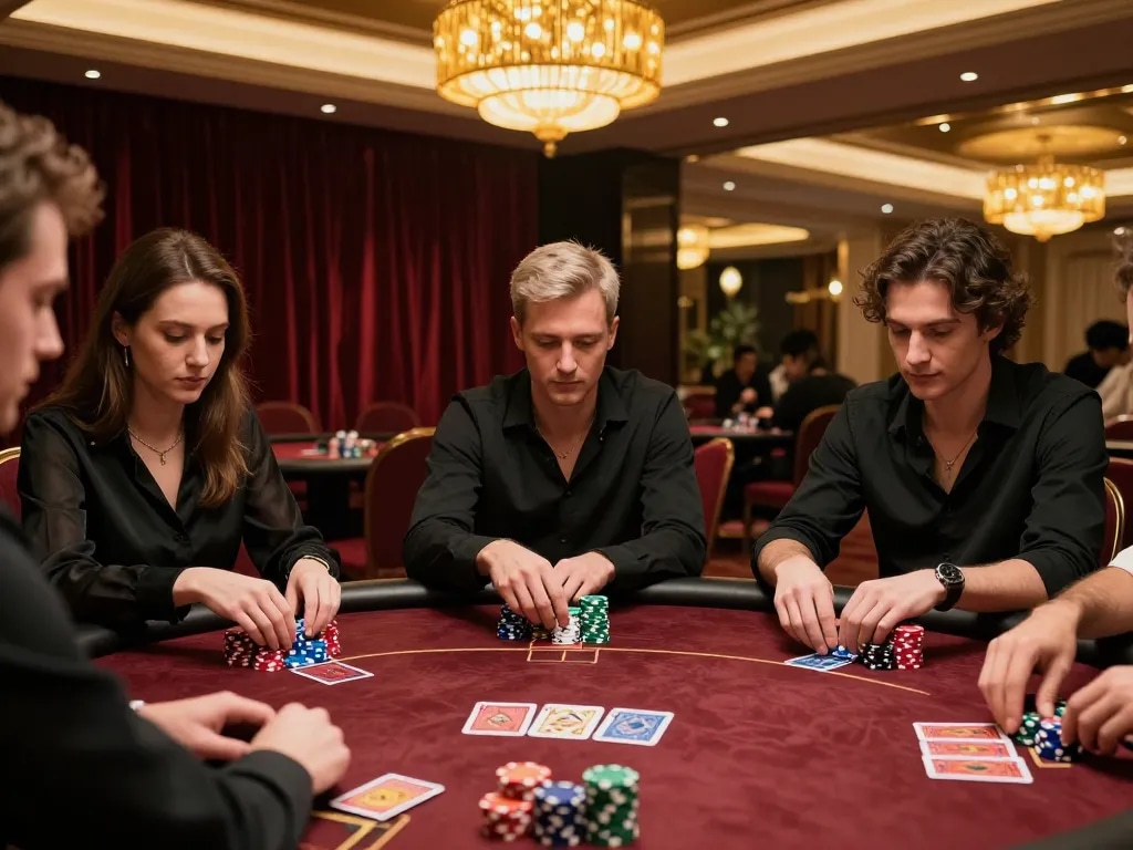 High-stakes poker game at a luxurious casino showcasing expert strategy and tension, 789 players in action