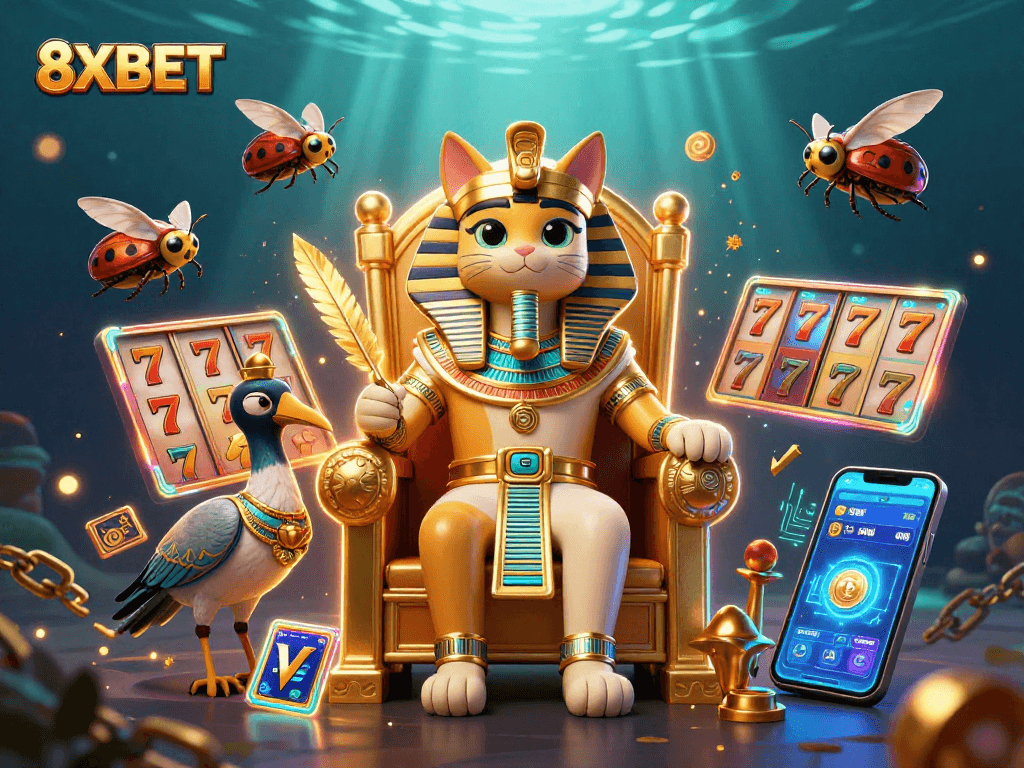 8XBET showcases an enchanting pharaoh cat with dynamic slots, enhancing your betting experience.