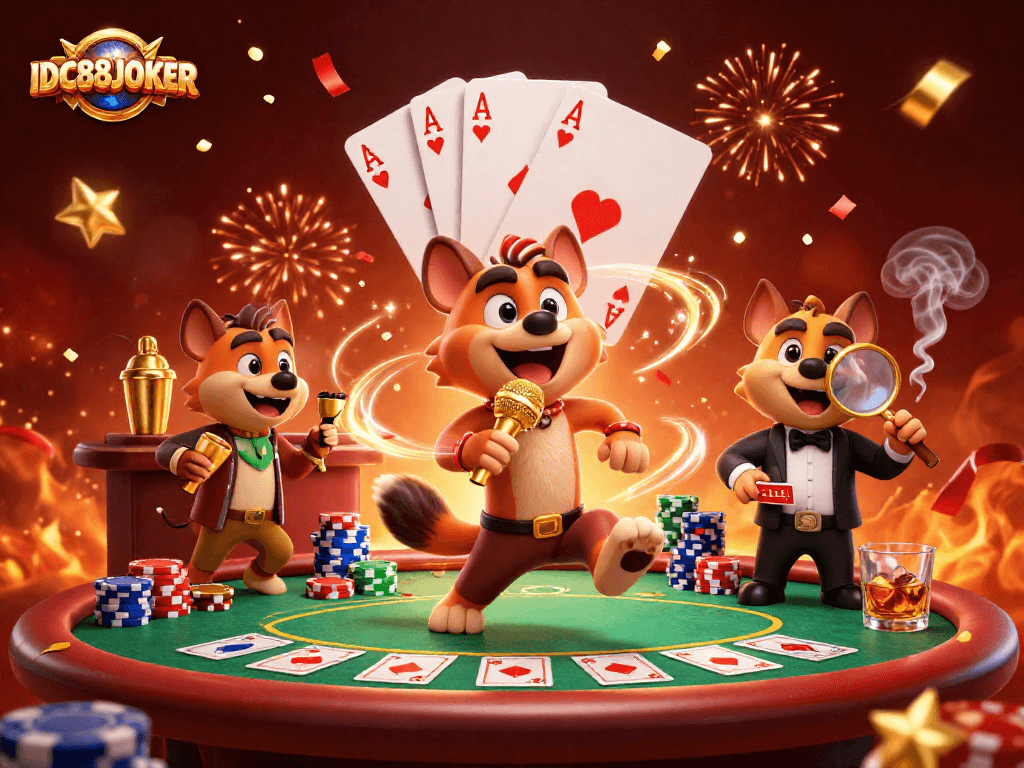 Engage in thrilling gaming excitement at IDC88JOKER with vibrant hyenas celebrating in a lively casino.