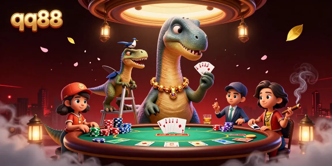 Experience thrilling games at qq88 with a brontosaurus overseeing a dynamic poker scene.