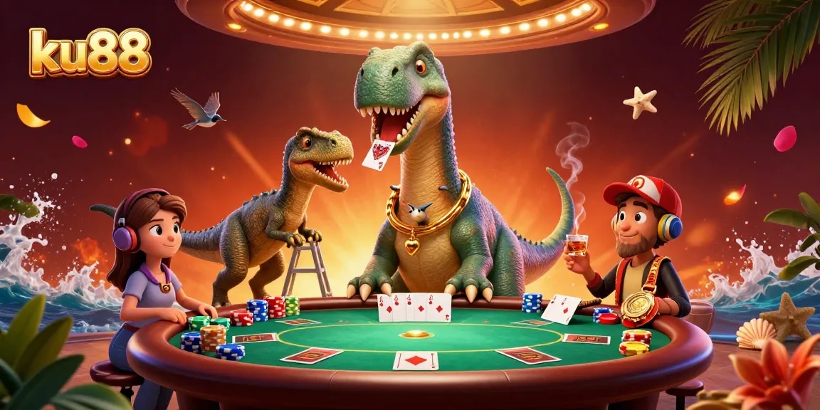 Delve into the thrilling world of ku88 with a vibrant 3D casino scene featuring giant characters.