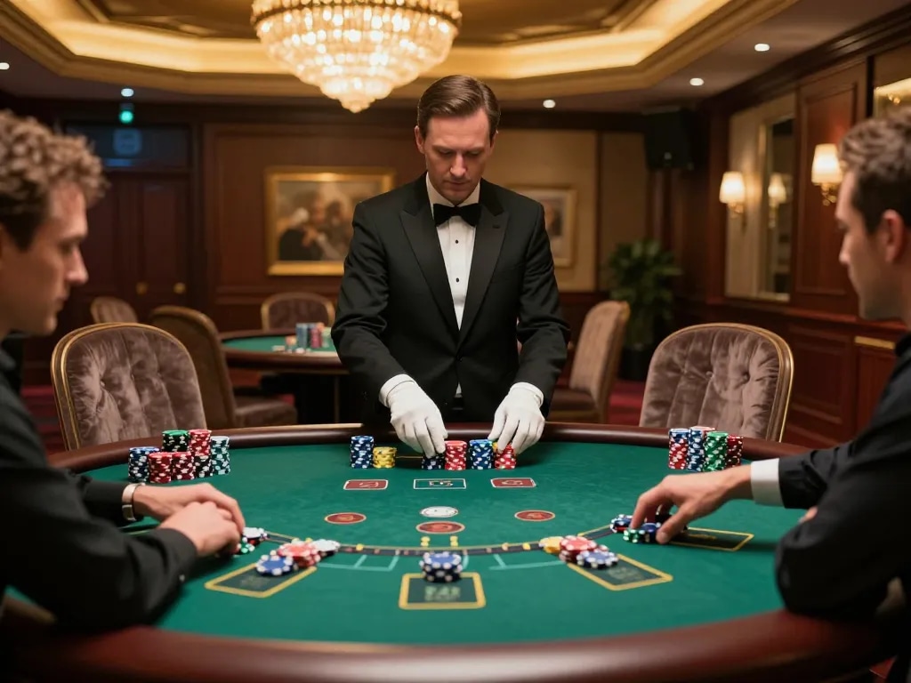 Engaged players strategizing their bets at VIPWin blackjack table in a luxury casino.
