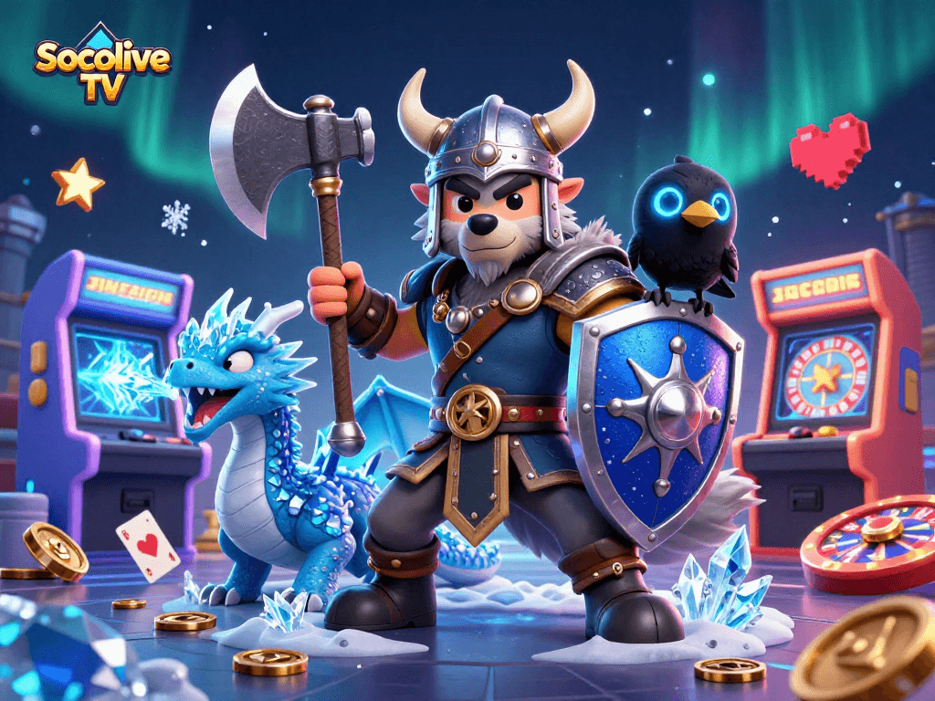Engage with Socolive TV for thrilling gameplay with a Viking warrior and casino elements