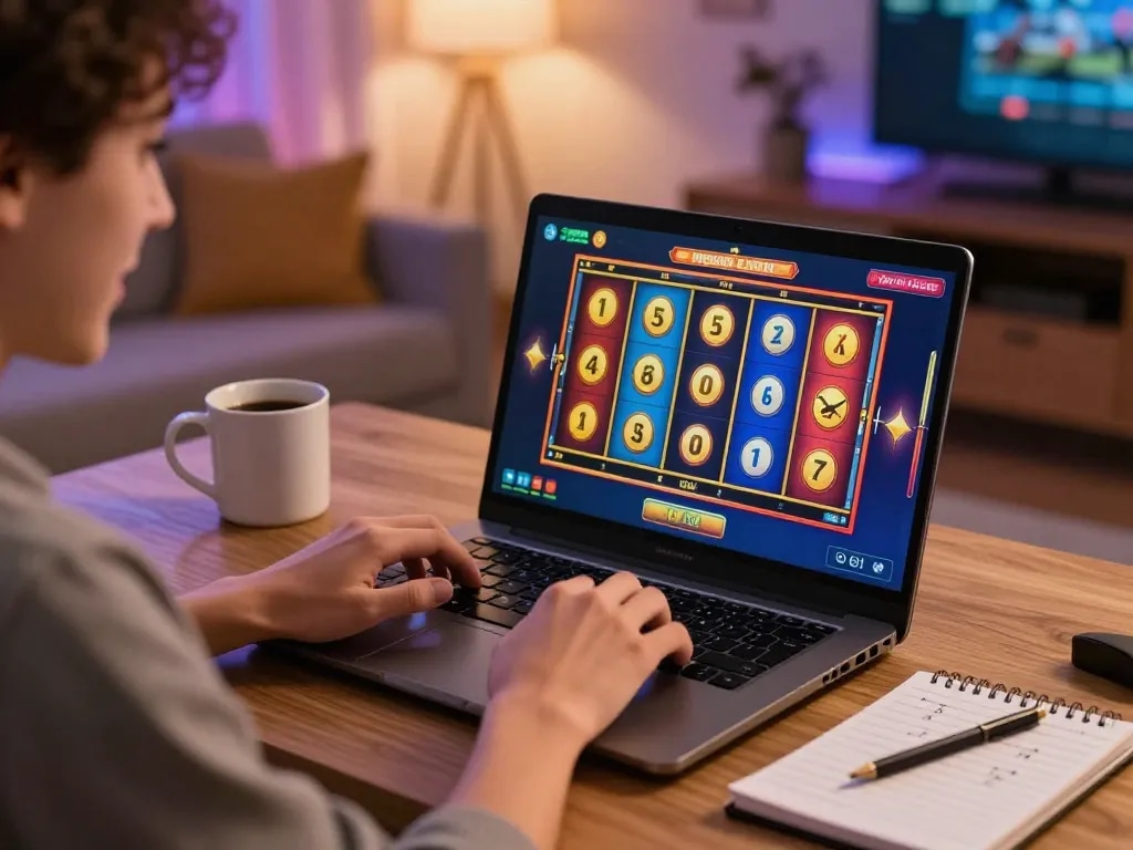 Engaging home gaming scene showcasing link slot gacor action with a player enjoying an online slot game.