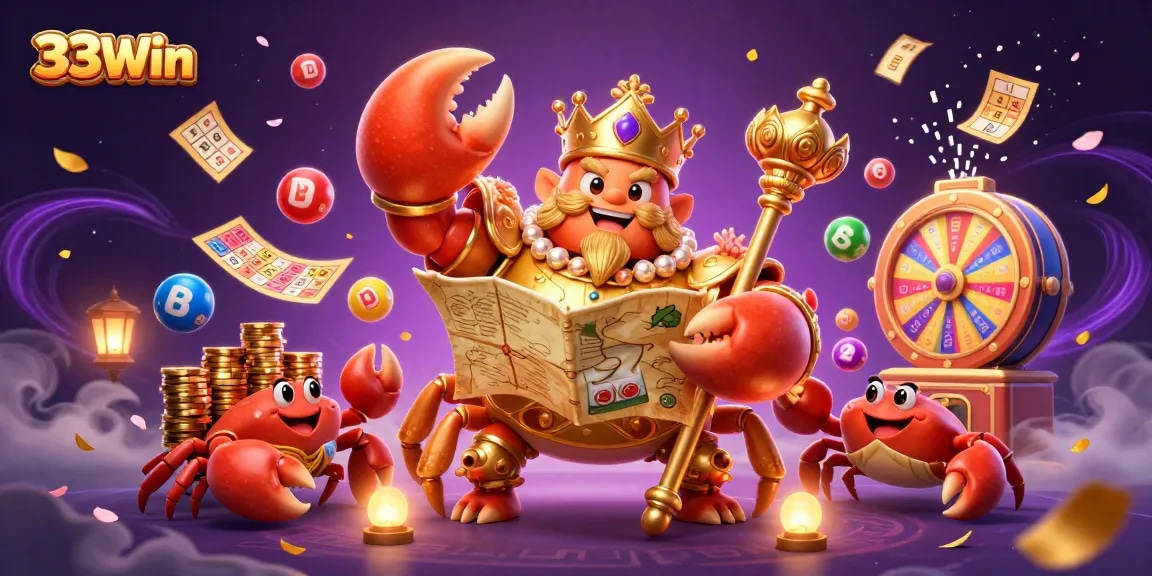 Experience thrilling casino fun with 33Win's vibrant crab emperor and treasure elements.